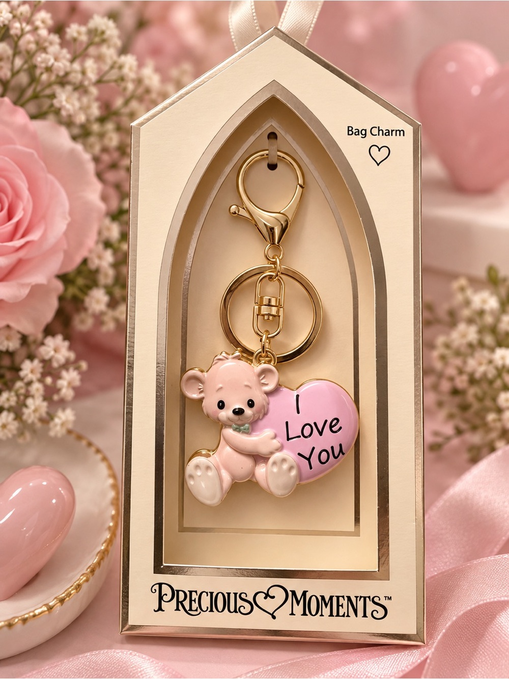 Precious Moments I Love You Bear Heart Bag Charm Keychain 💗